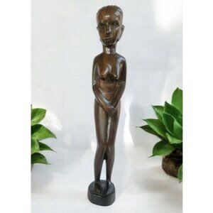 Vintage African Ebony Wood Statue Tanganyika Hand Carved 1960s Tribal Art 14.5”